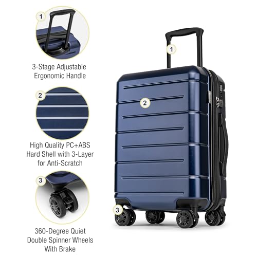 Carry On Luggage 22x14x9 Airline Approved Hardshell 20 Inch Luggage With TSA Lock Carry On Suitcase with Wheels Small Travel Rolling Luggage with Cup Holder for Women Men Navy