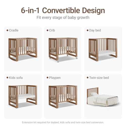 EvoNest 6-in-1 Convertible Baby Mini Crib with Wheels