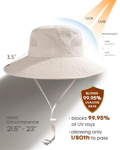Womens Sun Hat with Ponytail Hole Beach Hiking Summer Wide Brim UPF 50+ Outdoor Protection Foldable Bucket Hat Beige