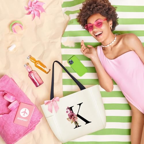 Tote Bag, A-Z Initial Monogrammed Waterproof Tote Bag, Bridesmaid Gifts for Women, Black and Pink (K, Beige)