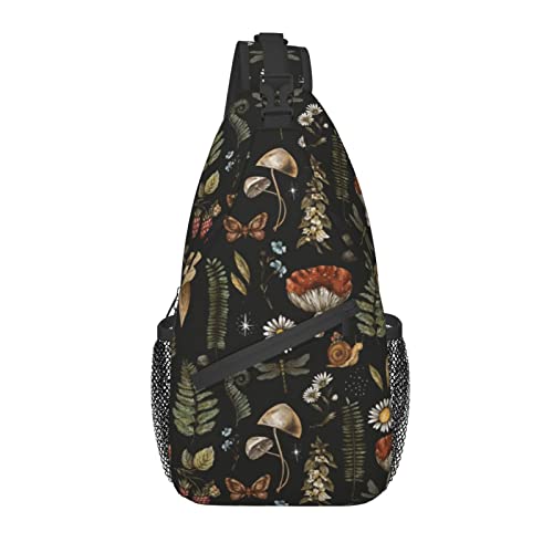 Sling Bag Vintage Mushroom Leaf Forest Hiking Daypack Crossbody Shoulder Backpack Travel Chest Pack for Men Women Over 12 Years Old