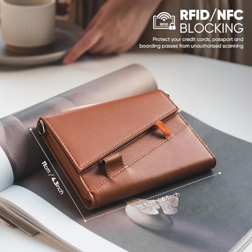 Real Leather Wallet RFID Blocking Passport Holder with Travel Lanyard Document Organizer Brown
