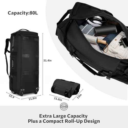 45/80/100L Rolling Duffel Bag with Wheels, Large Durable Travel Duffle + Toiletry Bag, Heavy Duty, Packable, Foldable with Shoulder Straps- Use as Luggage or Backpack, Men/Women (Black)