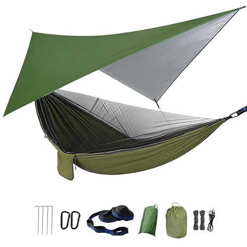 Camping Hammock with Rain Fly Tarp Mosquito Net Heavy Duty Tree Straps Portable Double Parachute Hammock Tent Waterproof Rainfly Set 660lbs Maximum Weight
