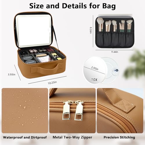 Travel Makeup Bag with LED Mirror and 10x magnifying glass with 3 Lighted Settings
