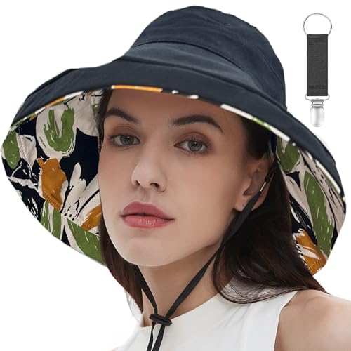 Womens Sun Hats Wide Brim Reversible Bucket Cotton Hat Packable Summer Travel Cap with Hat Clip