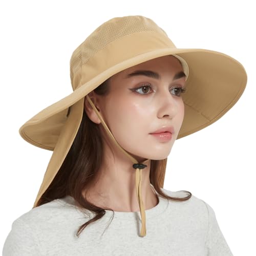 Fishing Hat Breathable Wide Brim Sun Hats with Neck Flap Bucket Hat Outdoor Safari Hat for Men Women UPF 50+ Sun Protection Khaki