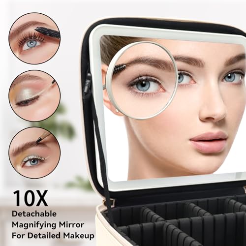 Travel Makeup Bag with LED Mirror and 10x magnifying glass with 3 Lighted Settings