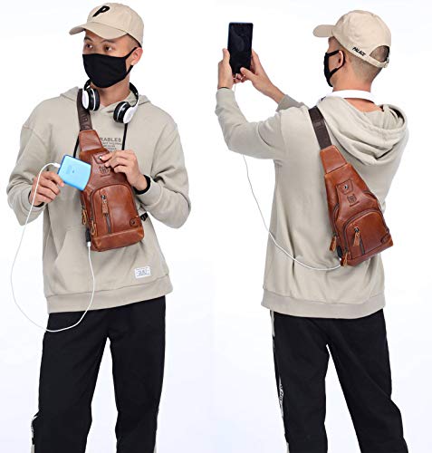 Leather Sling Bag Mens Chest Bag Casual Shoulder Crossbody Bags Travel Hiking Backpacks Daypack with USB Charging Port