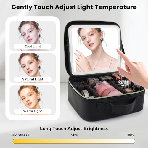 Travel Makeup Bag with LED Mirror and Light Travel Makeup Case Cosmetic Organizer Portable Cosmetic Brush Organizer Bag with Adjustable Dividers for Cosmetics Makeup Brushes Toiletry