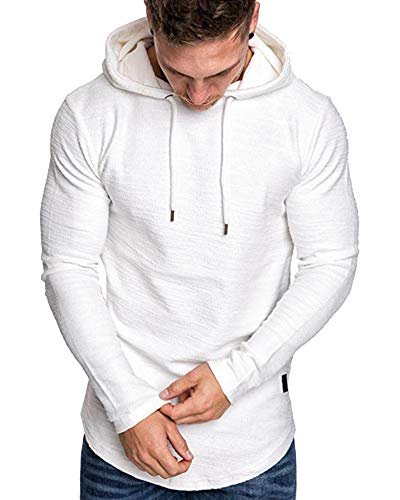 Mens Fashion Athletic Hoodies Sport Sweatshirt Solid Color Fleece Pullover White L