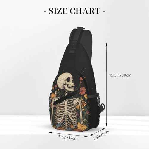 Sling Bag Skeleton Flower Skull Vintage Hiking Daypack Crossbody Shoulder Backpack Travel Chest Pack for Men Women