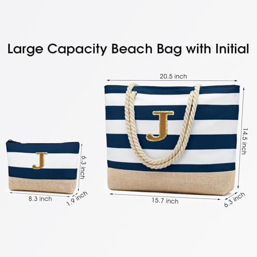 Beach Bag Initial Beach Tote with Makeup Bag for Travel