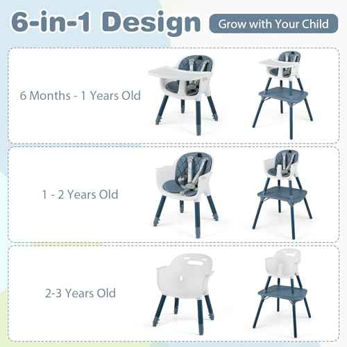 6-in-1 High Chair, Convertible Highchair for Babies and Toddlers/Kids Chair Table Set/Infant Feeding Chair w/Safety Harness, PU Leather Cushion & Removable Food Tray (Blue)