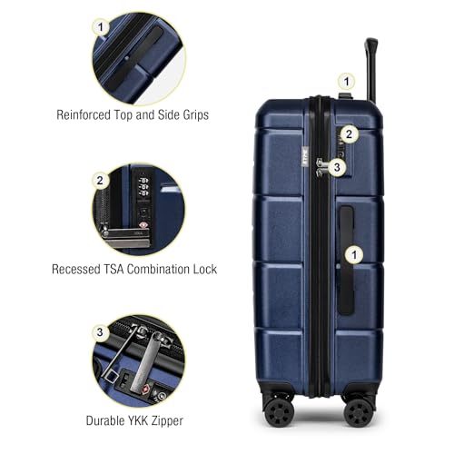 24 Inch Luggage TSA Approved Hardshell Suitcases with Spinner Wheels Durable PC+ABS Medium Checked Travel Luggage for Women Men Navy