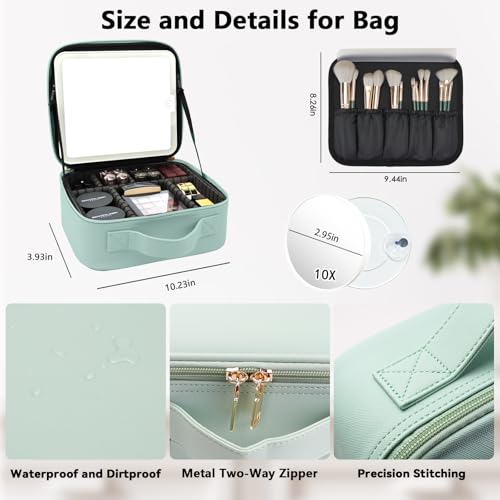 Travel Makeup Bag with LED Mirror and 10x magnifying glass with 3 Lighted Settings
