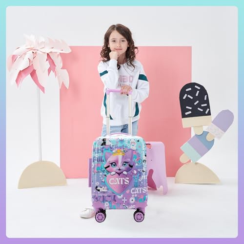 Cute Cat Kid's Luggage Set 2 Piece Suitcase Set 16" Hardside Luggage with Spinner Wheels Girls Carry on Toddler Travel Rolling Luggage Airline Approved (2 Count)