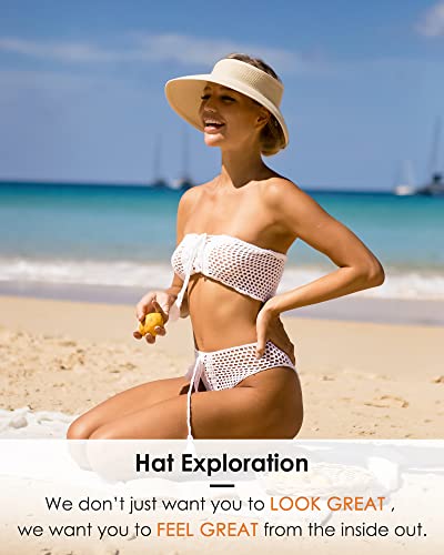 Womens Sun Hat with Ponytail Hole Wide Brim Beach Straw Visor Beige