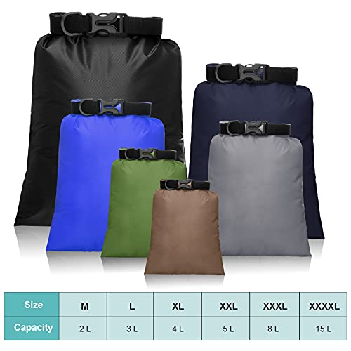 6 Pcs Waterproof Dry Bag Set 6 Sizes Lightweight Sacks and Long Adjustable Shoulder Strap Outdoor Water Proof Keep Gear Dry Bag Stuff Sacks for Backpacking (6 Count)