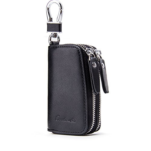 Genuine Leather Car Key Keychain Holder Metal Hook and Keyring Zipper