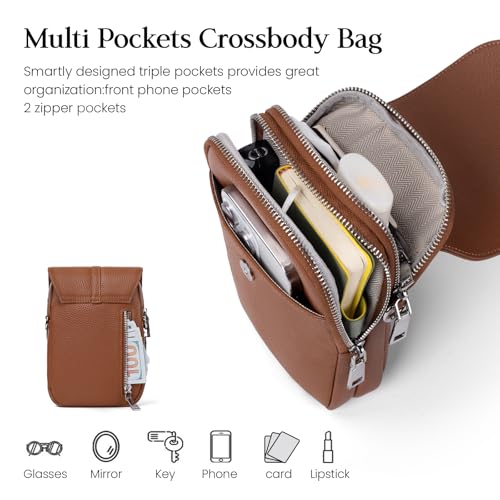 Brown Genuine Leather Small Crossbody Bags for Women Cell Phone Purse