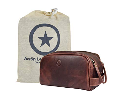 10" Premium Leather Toiletry Travel Pouch With Waterproof Lining