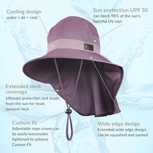 Cooling Sun Hat for Men Women UPF50+ Wide Brim Fishing Hat with Neck Flap Adjustable Foldable Bucket Hat for Hiking Purple