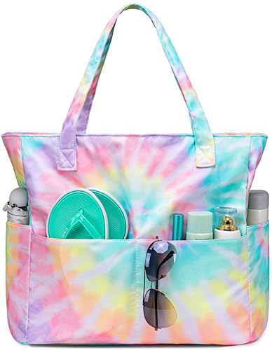 Waterproof Beach Tote Bag for Women Girls with Zipper Foldable Sandproof Pool Swim Bag Travel Carry On Gym