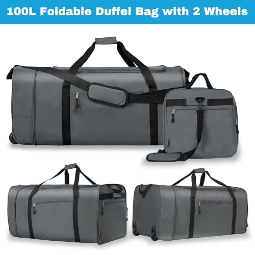 100L Foldable Rolling Duffel Bag with 2 Wheels