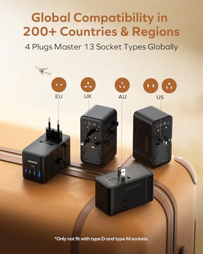 9-in-1 High-Power Universal Travel Adapter, 205W GaN Worldwide Charging Hub with 6 USB-C & 1 USB-A, AC Outlet, Type A/C/G/I Plugs for 200+ Countries, Safe for Laptops, Phones, Cruise Ready
