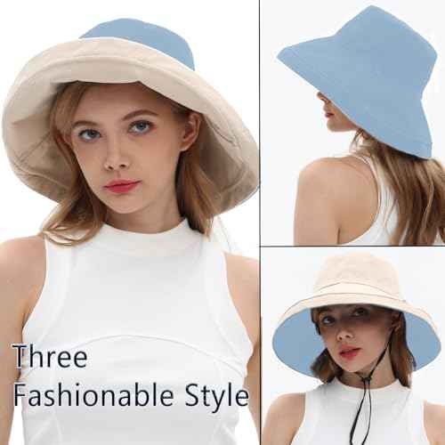 Womens Sun Hats Wide Brim Reversible Bucket Cotton Hat Packable Summer Travel Cap with Hat Clip