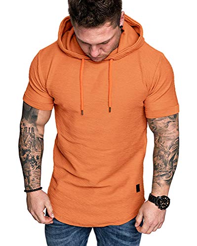Mens Fashion Hoodies Sport Pullover Solid Color Shirt Workout Lightweight Tops Orange