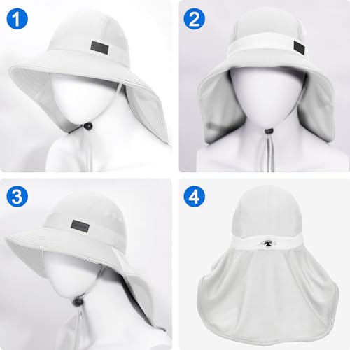 Cooling Sun Hat for Men Women UPF50+ Wide Brim Fishing Hat with Neck Flap Adjustable Foldable Bucket Hat for Hiking White