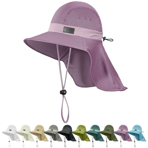Cooling Sun Hat for Men Women UPF50+ Wide Brim Fishing Hat with Neck Flap Adjustable Foldable Bucket Hat for Hiking Purple