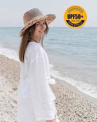 Womens Sun Hats Wide Brim Reversible Bucket Cotton Hat Packable Summer Travel Cap with Hat Clip