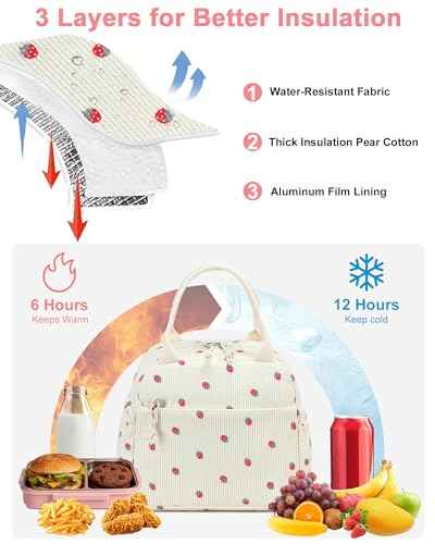 Lunch Bag for Women Cute Corduroy Lunch Tote Bags with Shoulder Strap Reusable Insulated Lunch Box Large Capacity Reusable Insulated Cooler for Work Picnic or Travel