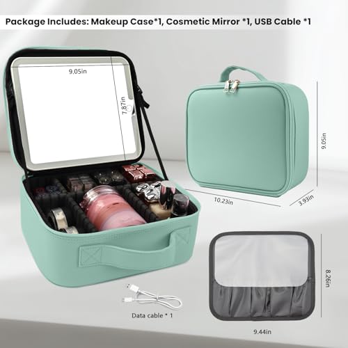 Travel Makeup Bag with LED Mirror and Light Makeup Travel Bag Organizer Portable Cosmetic Brush Organizer Bag with Adjustable Dividers for Cosmetics Makeup Brushes Toiletry