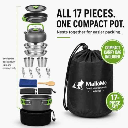 Camping Cookware 17 pcs Mess Kit with 1.1L Kettle for Backpacking Gear (17 Count)