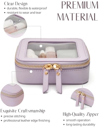 Small Cosmetic Bag for Purse Mini Makeup Bag for School Cute Clear Make Up Pouch for Travel Tiny Leather Purple Make Up Organizer Case for Backpack Toiletry Bag Waterproof Square Pouch with Zipper