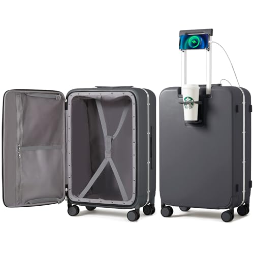 Large Checked Luggage with Cup Phone Holder and Charger Hard Shell Suitcases with Spinner Wheels