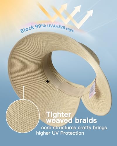 Womens Sun Hat with Ponytail Hole Wide Brim Beach Straw Visor Beige