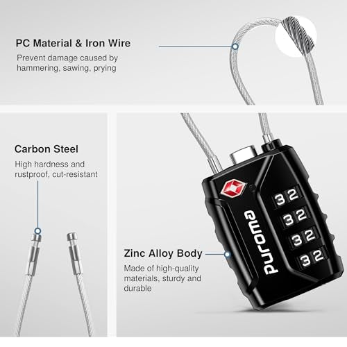 6 Pack TSA Approved Luggage Locks 4 Digit Code Cable Lock Black (6 Count)
