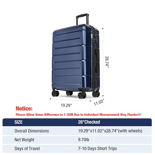 Large Suitcases with Wheels Hardshell 28 Inch Luggage TSA Approved Big Checked Luggage Durable Travel Rolling Suitcase for Women Men Navy