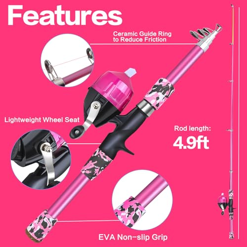 Collapsible Telescopic Fishing Rod and Reel Combo Push Button Small Fishing Pole Kit Beginner Youth Girls Fishing Starter Set Tackle