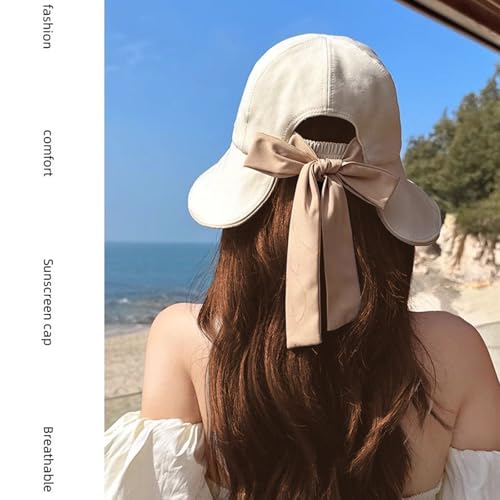 Wide Brim Hats for Woman Foldable Hats Sun Hats for Women uv Protection Bowknot Fishing hat Adjustable hat with Ponytail Hole Beige