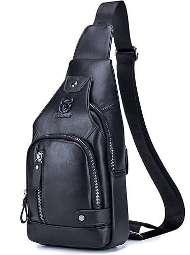 Leather Sling Bag Mens Chest Bag Casual Shoulder Crossbody Bags Travel Hiking Backpacks Daypack with USB Charging Port