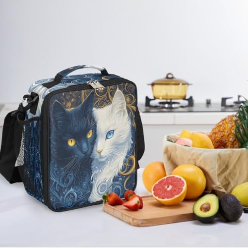 Blue White Cat Kids Lunch Box for Girls Boys Reusable Insulated Lunch Bag for Kids Toddler Thermal Cooler Spacious Lunchbox with Shoulder Strap Lunchbag for School Work Picnic (A05:Cat)
