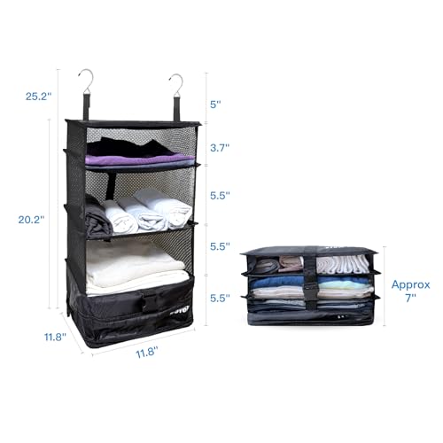 Stow-N-Go Hanging Travel Shelves, Packing Organizer for Luggage. Carry on Closet for Suitcase. Expandable Packing Cube. Travel Essentials. (Black - L, L = (L) 11.8" x (W) 11.8")