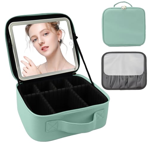 Travel Makeup Bag with LED Mirror and Light Makeup Travel Bag Organizer Portable Cosmetic Brush Organizer Bag with Adjustable Dividers for Cosmetics Makeup Brushes Toiletry