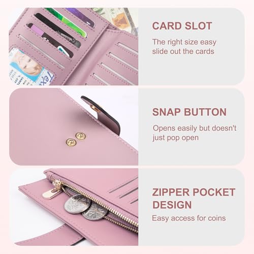 Womens Wallet RFID Blocking Leather Trifold Clutch Wallet Credit Card Holder Ladies Travel Wallet Purse with Passport